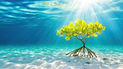 Obraz premium A vibrant mangrove tree stands on the ocean floor, its roots anchored in sandy substrate, illuminated by sunlight filtering through the water, Green Technology.