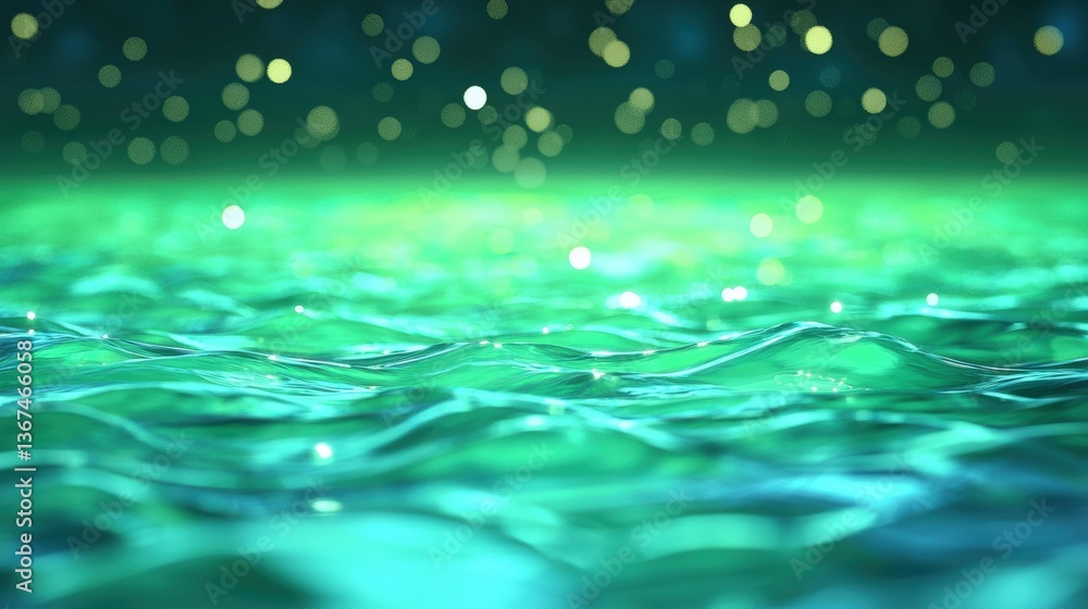Poster a serene image of shimmering green water with gentle waves and soft bokeh lights, creating a tranqui