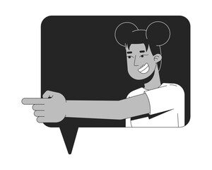 Laughing black woman pointing left in speech bubble 2D line character. Mocking teasing grinning african american female text message isolated vector ink outline person. Monochromatic spot illustration