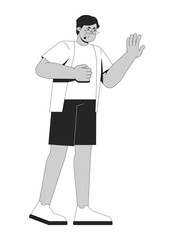 Angry middle eastern man fist clenched and raising hand 2D line character. Heart attack symptom. Guy experiencing discomfort, pain isolated vector ink outline person. Monochromatic spot illustration