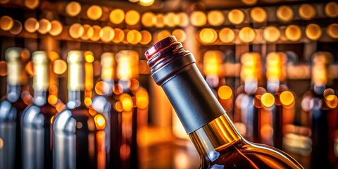 Dark Amber Wine Bottle Neck Macro: New Screw Cap, Winery Tasting Room Display