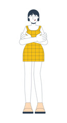 Korean woman hugging herself with proud expression 2D cartoon character. Self-love, empowerment. Asian girl in checkered dress flat vector person isolated on white. Spot illustration colorful