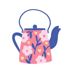 A cute pink floral teapot with blue handle and spout