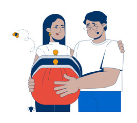 Family poverty 2D illustration concept. Financial hardship, budget struggle. Broke arab couple holding empty purse with sad faces cartoon characters isolated on white. Flat abstract vector graphic