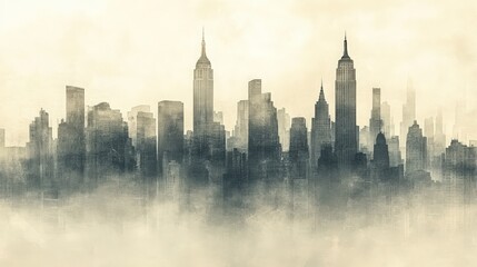 Fototapeta premium An artistic graphic design of etched cityscapes and architectural imprints, highlighting iconic buildings and urban elements, set against a faded, textured background