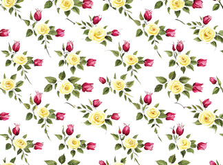 a seamless pattern featuring delicate watercolor roses, peonies, and wildflowers intertwined with elegant vines, perfect for feminine dresses and blouses.  fabric, textile, hand-drawn, pattern design.