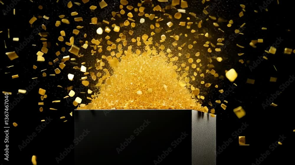 Poster golden particles explode from black box in a striking display of color and texture during a creative