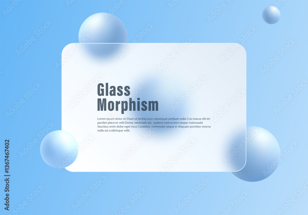 Poster blue gradient background with infarmation panel and 3d spheres in glass morphism style. website land