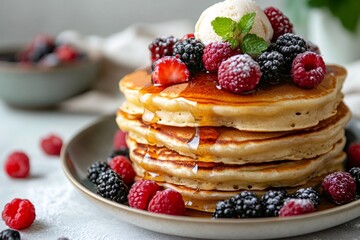 Delicious pancakes stacked on plate with ice cream, berries and maple syrup
