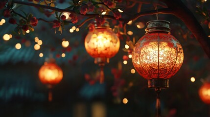 Illuminated red lanterns are hanging on branches with soft bokeh
