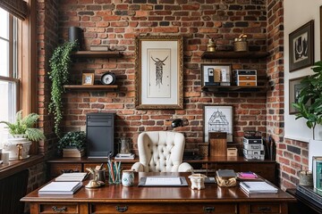 Fototapeta premium Stylish Classic Office Design Featuring Cozy Brick Walls and Tidy Desk Essentials