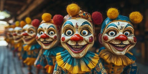 Many smiling clown faces are lined up in a straight row