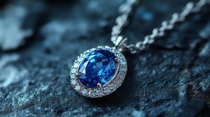A captivating sapphire pendant, a breathtaking jewel showcasing its deep blue brilliance on a dark with sparkling diamond accents.