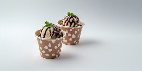 Dessert paper cups filled with chocolate ice cream scoops. Ice cream topped with mint and chocolate syrup. Dessert cup. Image for food, desserts and summer themes