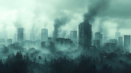 A modern city skyline devastated by a powerful earthquake with smoke rising from collapsed structures emergency sirens blaring chaotic yet visually stunning illustration high contrast and depth
