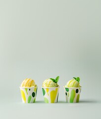 Dessert paper cups filled with scoops of pistachio ice cream. Ice cream topped with mint, nuts and syrup. Dessert cup. Image for food, desserts and summer themes