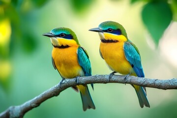 Fototapeta premium Little green bee eaters perching together on branch