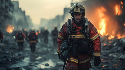 Fototapeta premium A firefighter carrying a survivor from the rubble of a collapsed building after a massive earthquake strong emotional expression detailed environment cinematic storytelling