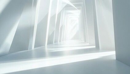 White architectural corridor perspective with sunlight