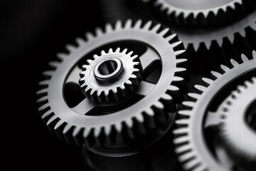 Close up view of interlocking metal gears working together