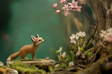 Obraz premium A charming fox stands near blooming flowers in a miniature setting