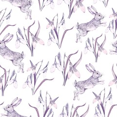 Spring bunnies on a meadow with snowdrops, A monochrome rustic style border illustration, perfect for children themes and Easter, Watercolor seamless pattern for prints, textiles, and decorations