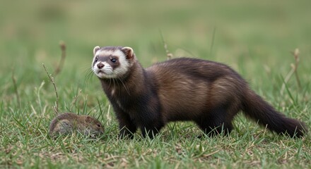 Polecat Hunting Vole in Grassland Meadow