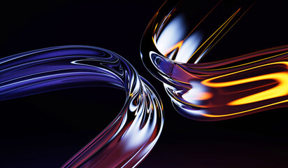 Abstract 3d black background with liquid glass transparent tapes, neon light effect. Iridescent streams curve fluid, blue pink gold holographic gradient. Futuristic wave line pattern. 3D Illustration
