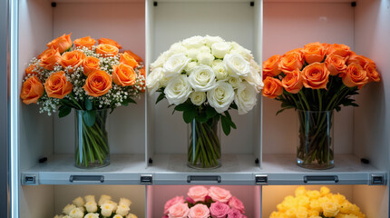 Bouquets of flowers in the cells of a flower vending machine. Self-service machine for selling gift bouquets of fresh flowers.