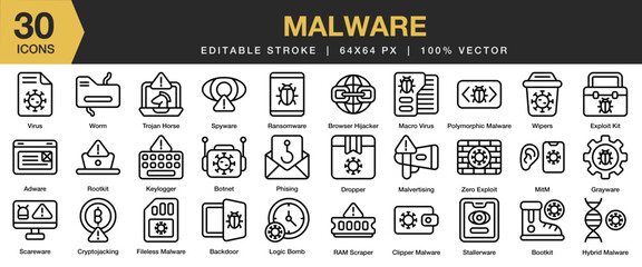 Malware icon set. Editable Stroke Icon Collection. Includes security, technology, cyber, computer, hacker, malware, virus, and More. Outline icons vector collection.