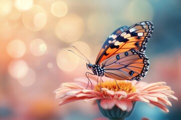 Obraz premium Beautiful butterfly standing on a pink daisy flower in a colorful garden