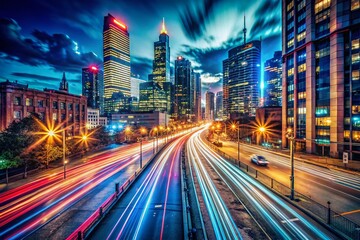 Fototapeta premium Defne Naya: Long Exposure Light Trails at Night, Urban Cityscape