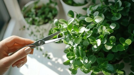 A person trimming a plant with silver gardening scissors near a window