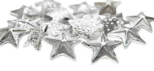 Obraz premium Star-shaped discs in silver plate with a domed design on a transparent background png 