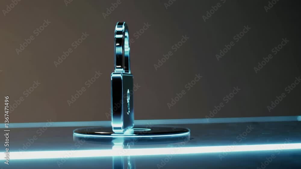Poster metallic padlock rotation with light reflection on transparent surface in modern setting