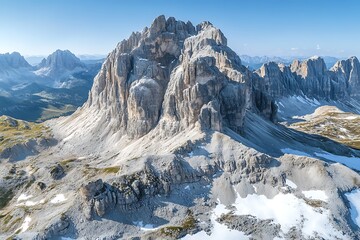 Aerial View of Jagged Mountain Peaks Under Clear Blue Sky