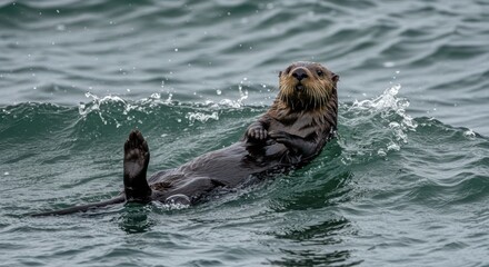 Fototapeta premium Sea Otter Floating on Ocean Waves