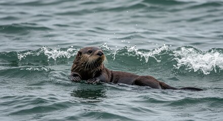 Fototapeta premium Sea Otter Swimming in Ocean Waves
