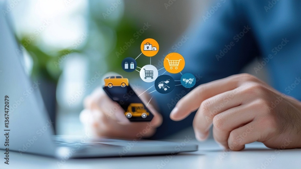 Poster abstract of modern digital technology and online shopping concepts with mobile devices flat icons an