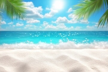 Tropical white sand beach Summer background with green palm leaf