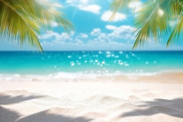 Fototapeta premium Tropical white sand beach Summer background with green palm leaf