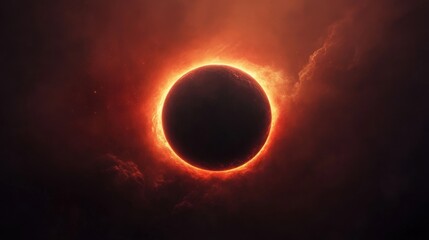Obraz premium Breathtaking solar eclipse with fiery corona and darkened moon phase illuminating cosmic sky in stunning astronomical event.