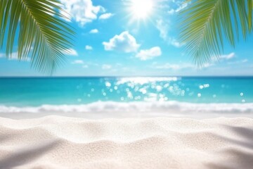 Fototapeta premium Tropical white sand beach Summer background with green palm leaf