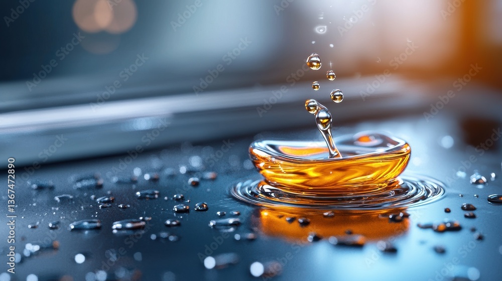 Poster captivating water droplet splash creating mesmerizing ripples and reflections on a serene smooth sur