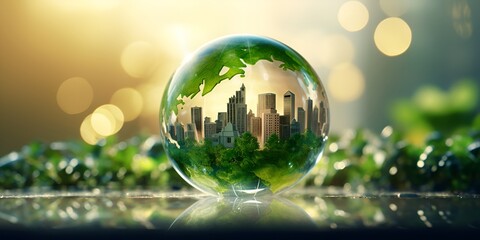 A globe with greenery and sustainable buildings, symbolizing environmentalism for World Wildlife Day. bokeh background