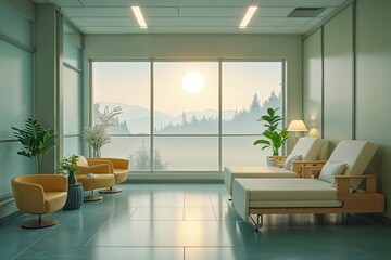 Calming Healthcare Interior with Gentle Haze and Relaxing Views