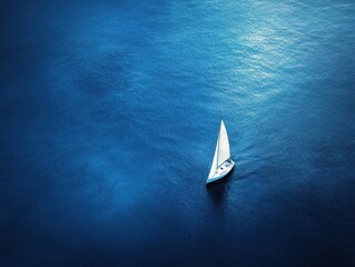 Cinematic aerial view of a single sailboat drifting on a deep blue summer sea