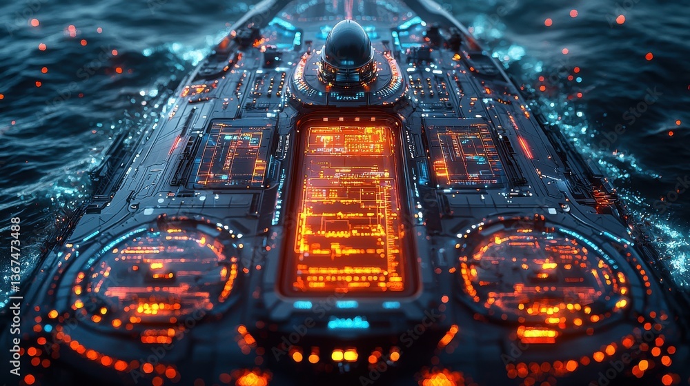 Poster a breathtaking futuristic spacecraft soars through a surreal cosmic seascape its sleek glowing contr