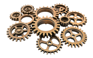 Old brass metal gears on transparent or white background