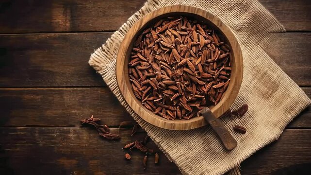 Variety of spices and seeds displayed in a wooden bowl on rustic wooden surface